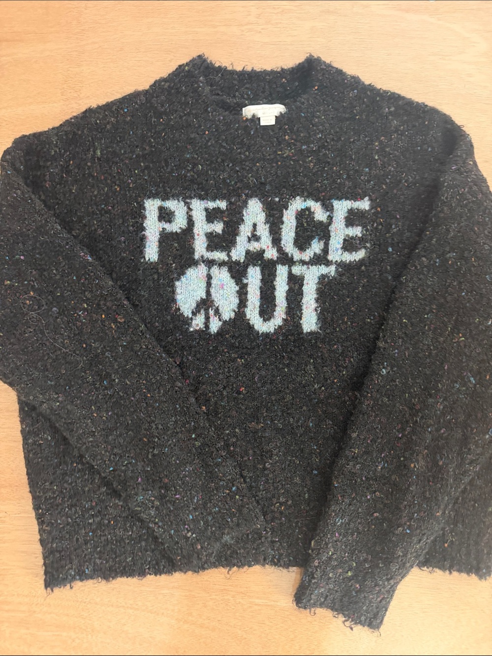 Spiritual Gangster Black Crewneck Sweater with Light Blue 'PEACE OUT' Graphic
